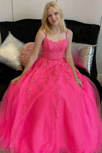 Hot Pink Tulle Lace A Line Long Prom Dresses, Appliques Evening Dresses With Lace Up GJS748