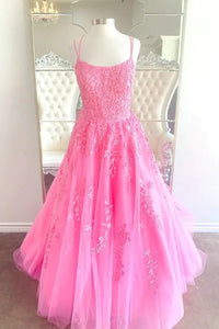 Hot Pink Tulle Lace A Line Long Prom Dresses, Appliques Evening Dresses With Lace Up GJS748