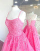 Hot Pink Tulle Lace A Line Long Prom Dresses, Appliques Evening Dresses With Lace Up GJS748
