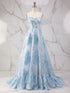 Blue Strapless Textured Corset A-Line Prom Dress