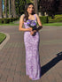 Lavender Square Neckline Floral Sequin Column Prom Dress with Wide Straps