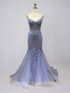 Lavender Tulle Beaded Corset Mermaid Prom Dress with Floral Embroidery