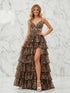 Leopard Print Tiered Ruffle A-Line Prom Dress with Cutouts