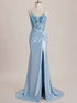 Light Blue Satin Sequin Bodice Twisted Waist Corset Prom Dress with Slit