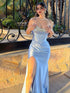 Light Blue Shimmer Heavy Crystal Neckline Corset Prom Dress with High Slit