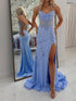 Light Blue Spaghetti Straps Beaded Corset Prom Dress with Slit