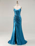 Blue Ruched Corset Mermaid Beaded Long Prom Dress With Slit