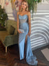 Light Blue Strapless Satin Corset Long Prom Dress with Slit