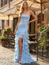 Light Blue Strapless Tiered Ruffle Long Prom Dress with Bow