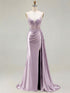 Lilac Beaded Corset Satin Long Prom Dress with High Slit