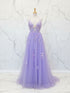 Lilac Floral Spaghetti Straps Embroidered Corset Long Prom Dress