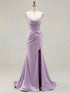Lilac Satin Strapless Beaded Bodice Cowl Neck Corset Prom Dress