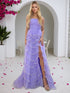 Lilac Strapless Sequin-Trimmed Tiered Ruffles Tulle Prom Dress with Slit