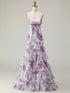 Lilac Flower Mermaid Strapless Tiered Print Long Prom Dress with Ruffles