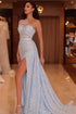 Long Mermaid One Shoulder Satin Sequined Formal Prom Dresses with Slit