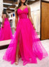 Galilea | Fuchsia V-Neck Sheer Bodice A-Line Long Prom Dress with Slit