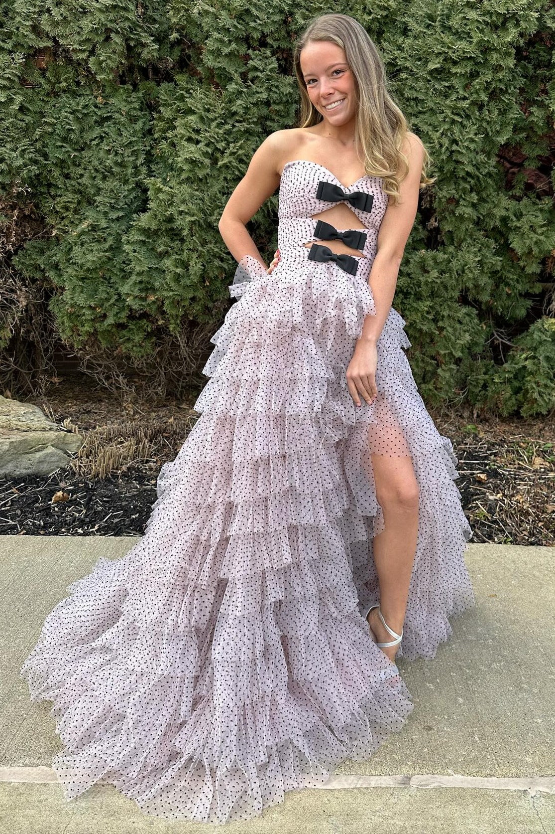 polkadot prom dress Layered Polka Dot Organza Long Dresses TB1330 TANYA BRIDAL modern slit Elegant Strapless Polka Dot Mermaid