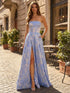 Majestic Blue Damask Strapless A-Line Prom Dress with Slit