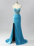 Mermaid Sweetheart Sequins Tie Back Corset Long Prom Dress with Slit