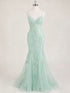 Mint Green V-Neck Mermaid Prom Dress with Floral Sequin Appliqué