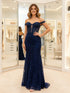 Navy Blue Lace Off-the-Shoulder Mermaid Prom Dress with Sheer Corset Plunge