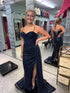 Navy Blue Sequin Cowl Neckline Corset Prom Dress with Slit