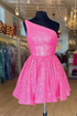 Hot Pink One Shoulder A Line Short Homecoming Dress Sequins Y1487