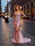 Off-the-Shoulder Rhinestone Metallic Satin Corset Prom Dress