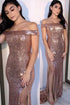 Off Shoulder Rose Gold Sequin Evening Dress with Slit SYP89