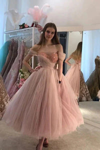 Pink Tulle Off The Shoulder Prom Dresses With Lace Up, Sweetheart Formal Gowns GJS750