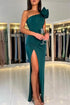 One Shoulder Dark Green Flowers Split Front Prom Dress