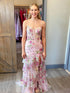 Pink Floral Embroidered Corset Prom Dress with Ruffled Tiers