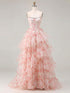 Pink Floral Print Organza Strapless Crystal Trimmed Corset Tiered Prom Dress