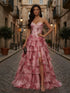 Pink Floral Strapless Chiffon Ruffle Corset Prom Dress with Slit