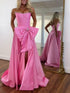 Pink Satin Strapless Pearl Neckline Corset Prom Dress with Bow