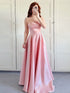 Pink Strapless Satin A-Line Prom Dress with Fold-Over Neckline