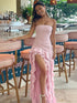 Pink Sheath Strapless Tiered Long Chiffon Prom Dress