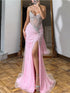 Pink Strapless Crystal Corset Long Prom Dress with High Slit