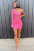 One Shoulder Hot Pink Long Sleeve Appliques Bodycon Homecoming Dress Y2996