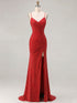 Red Glitter Ruched Spaghetti Strap Prom Dress with Slit