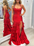 Red Shimmer Halter Tiered Ruffle Prom Dress with Slit