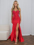 Red Strapless Sequin Long Prom Dress with Linear Beading