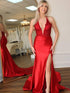 Red Mermaid Halter Sequins Long Satin Prom Dress with Slit