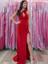 Red Mermaid High Neck Backless Long Party Prom Dress With Slit