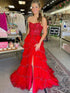 Red Stunning Strapless A-Line Empire-Waist Tiered Appliques Prom Dress with Slit