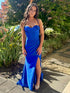 Royal Blue Satin Cowl Neckline Corset Prom Dress with High Slit