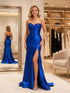 Royal Blue Satin Strapless Lace Trim Corset Prom Dress with High Slit