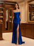 Royal Blue Strapless Crystal Trimmed Neckline Satin Prom Dress with High Slit