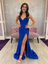 Royal Blue Strapless Exposed Boning Corset Prom Dress with High Slit