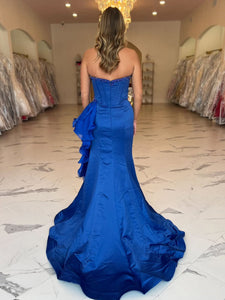 Royal Blue Strapless Satin Ruffled Long Corset Prom Dress with Slit –  Alinepromdress